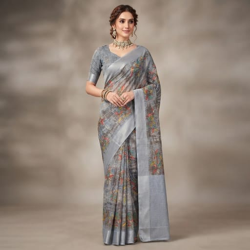 Grey Digital Printed Linen Saree
