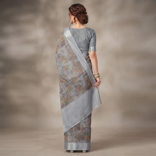 Grey Digital Printed Linen Saree