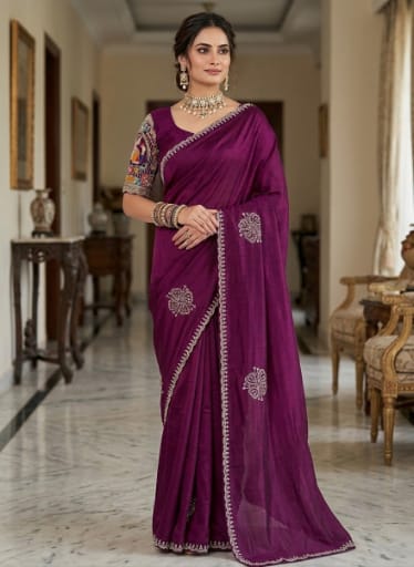 Indian Designer Festive Saree paired with an Applique style Handcrafted Blouse.