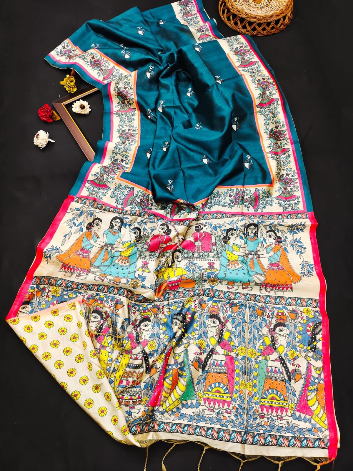SOFT TUSSER SILK SAREE WITH MADHUBANI PRINT