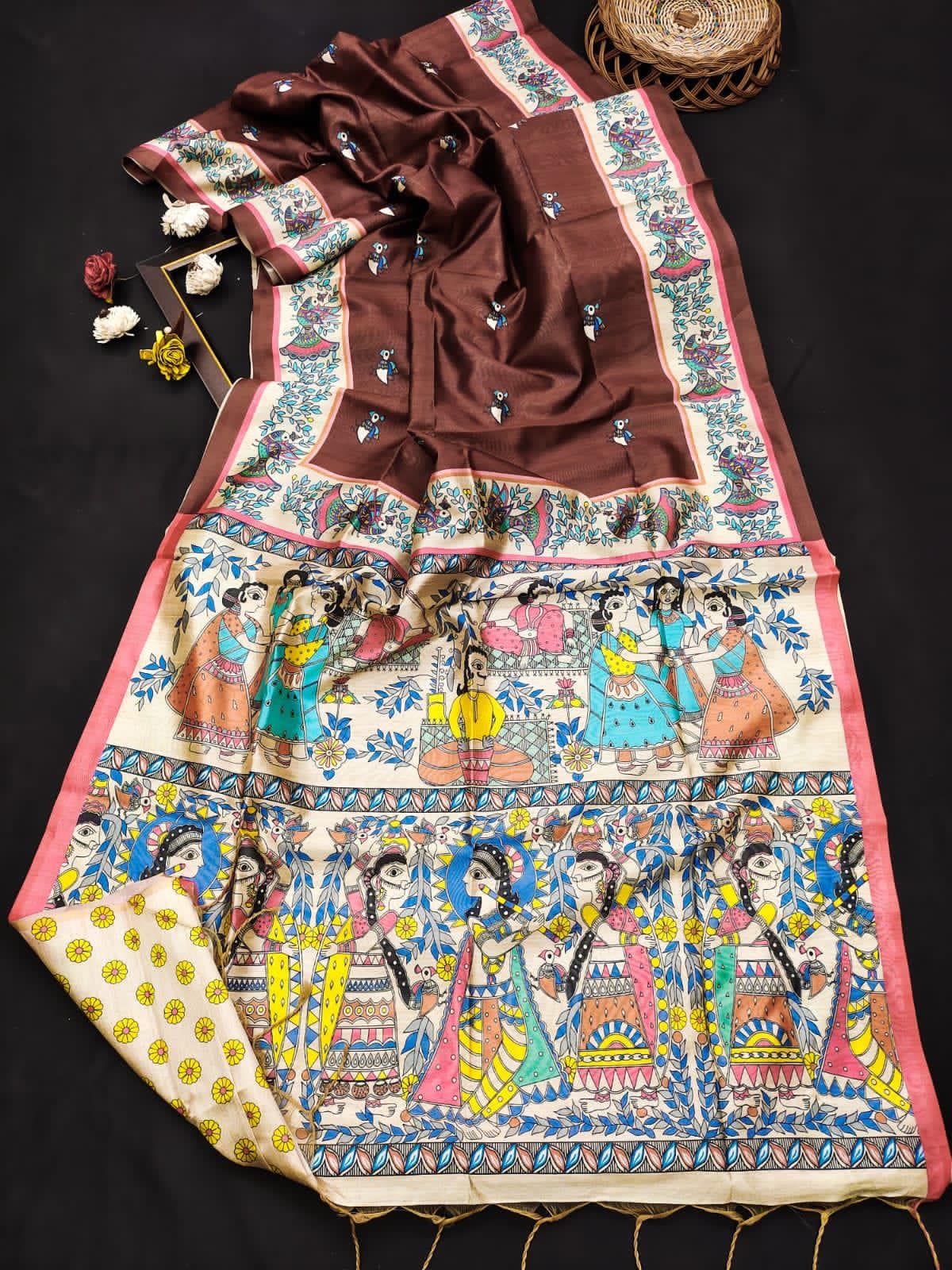 SOFT TUSSER SILK SAREE WITH MADHUBANI PRINT