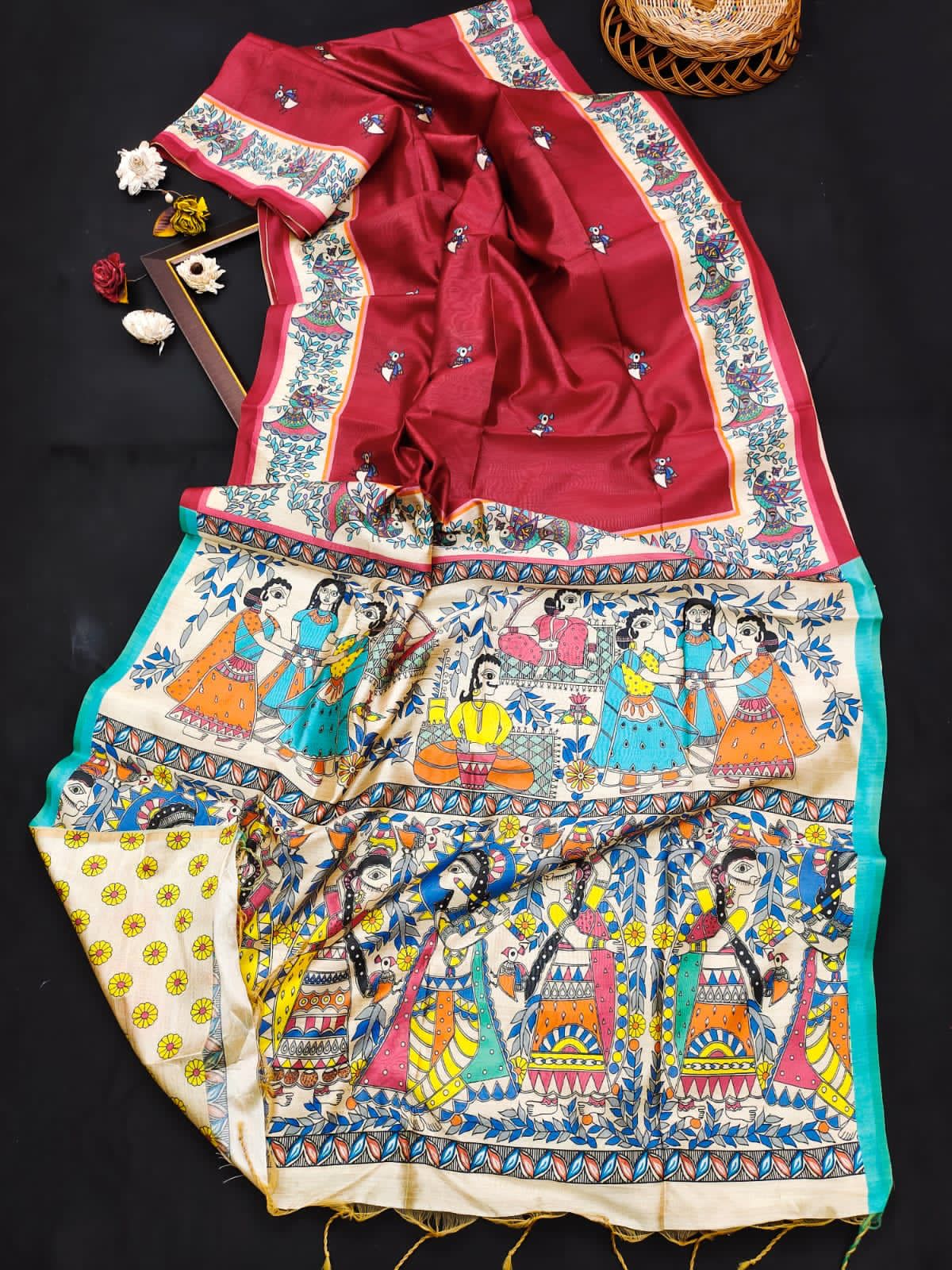 SOFT TUSSER SILK SAREE WITH MADHUBANI PRINT