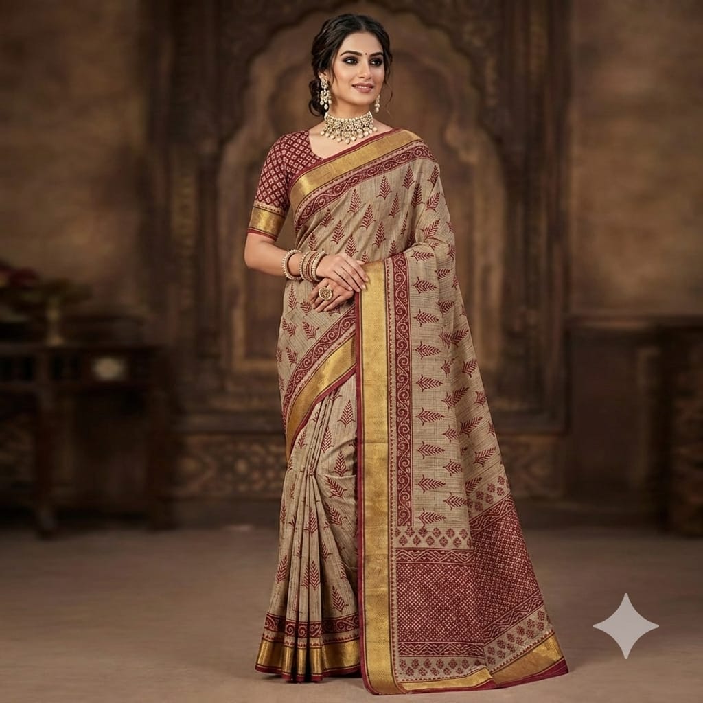 Stylized leaf Kalamkari pure cotton saree