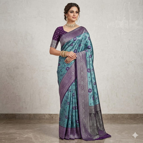 Ocean blue Floral pattu Saree