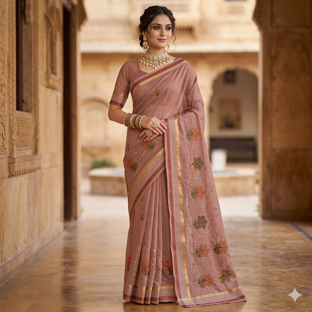 Rangde Maroon Ethinc Cotton Saree.
