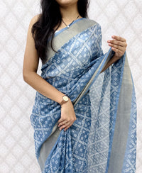 Blue Printed Satin Blend Saree