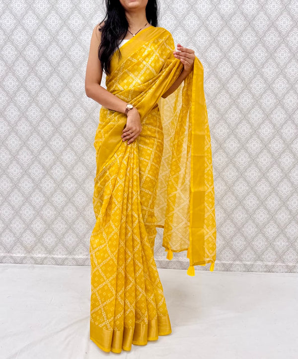 Blue Printed Satin Blend Saree
