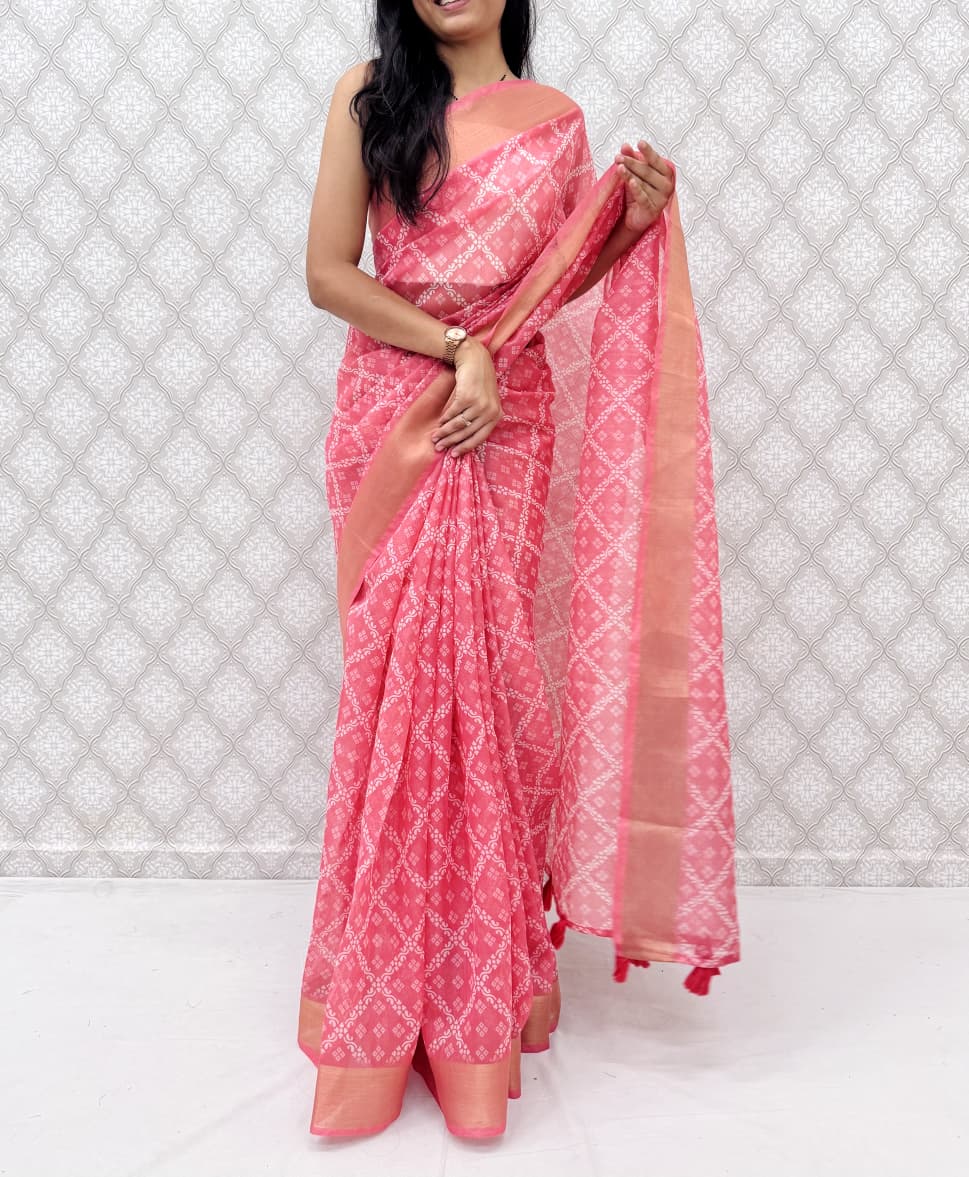 Blue Printed Satin Blend Saree