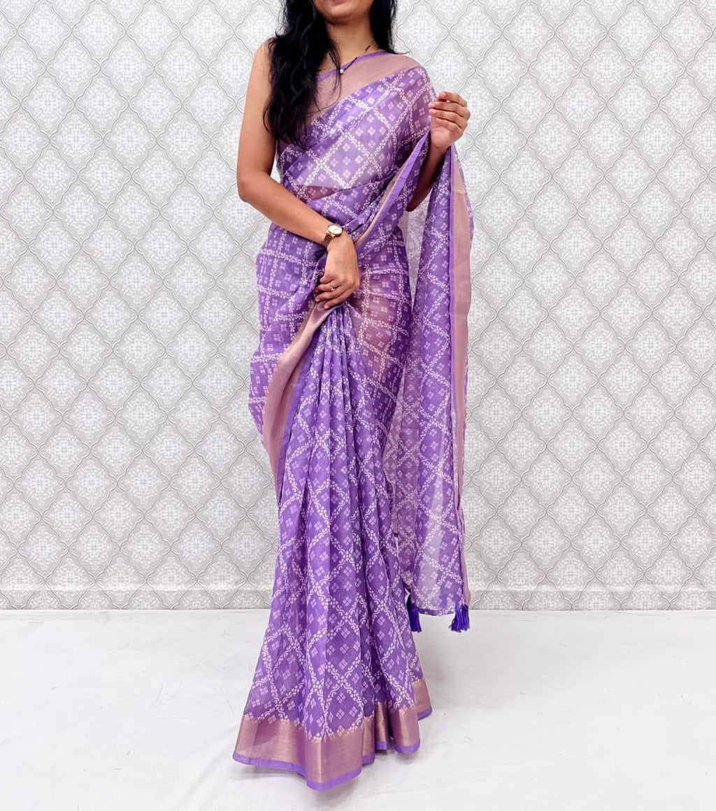 Blue Printed Satin Blend Saree