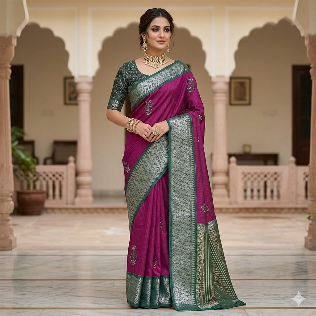 Megentha Pink Teal Vriksha Weave With Temple Zari Border Sraee