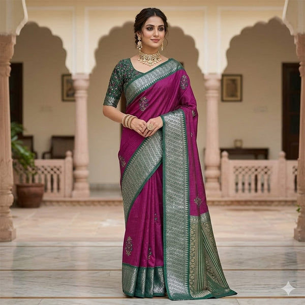 Megentha Pink Teal Vriksha Weave With Temple Zari Border Sraee