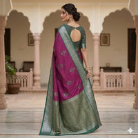 Megentha Pink Teal Vriksha Weave With Temple Zari Border Sraee