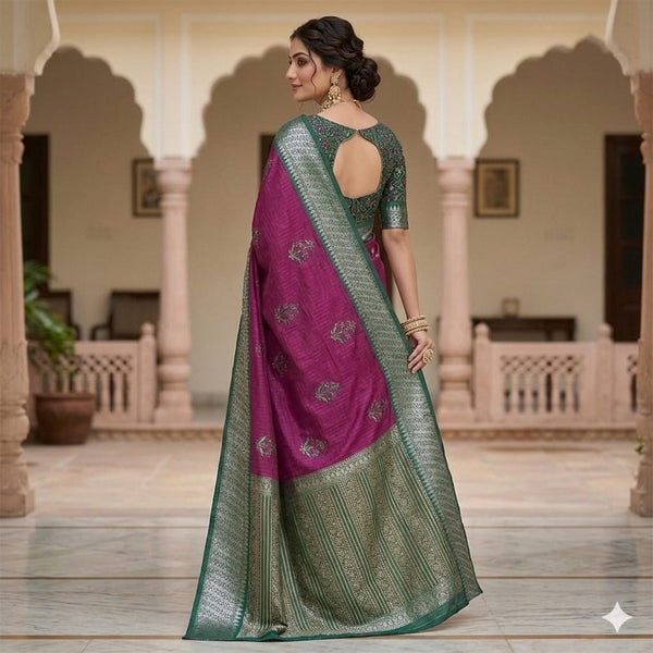 Megentha Pink Teal Vriksha Weave With Temple Zari Border Sraee