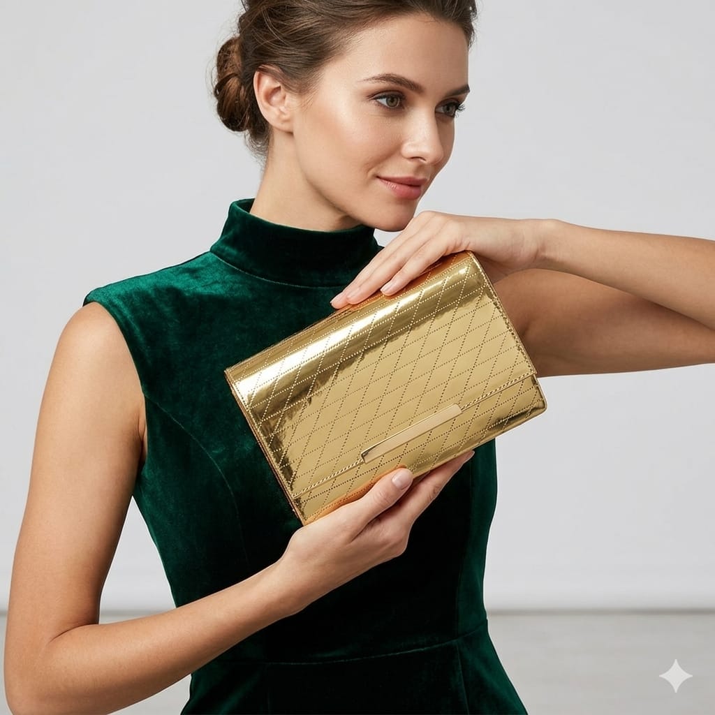 Gold box-shaped sling bag.
