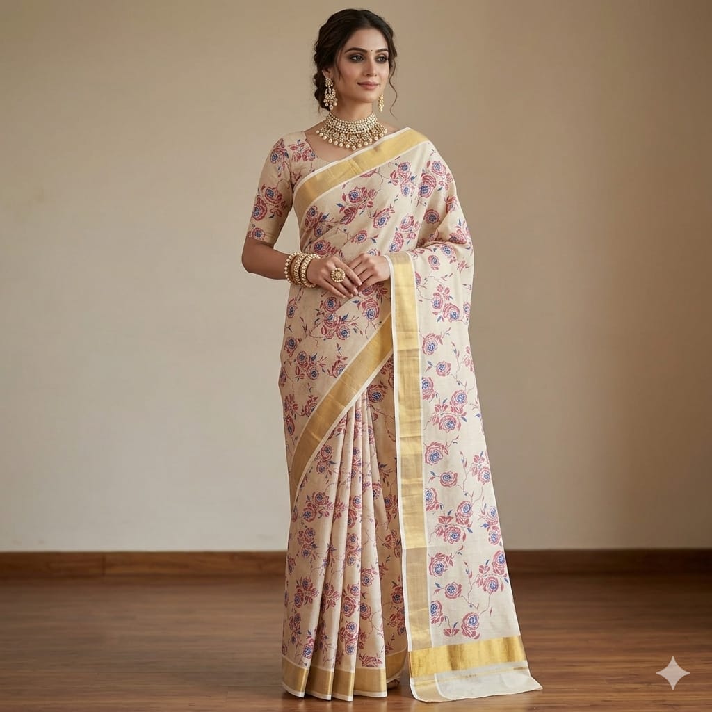 Nila Pushpa Kasavu saree