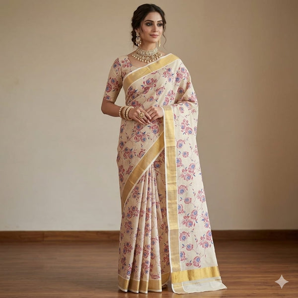 Nila Pushpa Kasavu saree