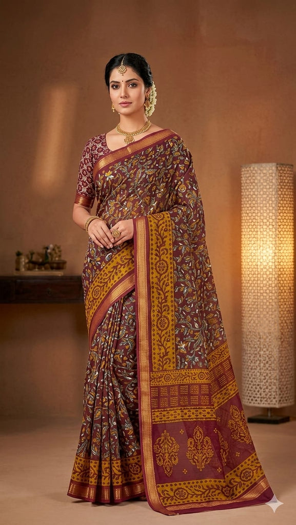 Golden vine Maroon Cotton Saree