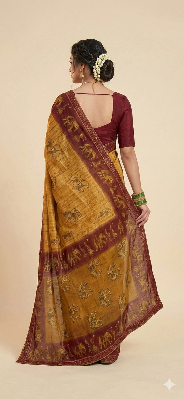 FolkTeals  Maroon Border Saree