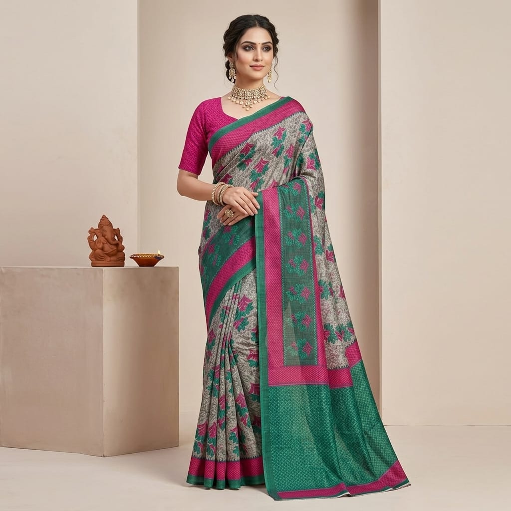 Teal Rose Garden Cotton Saree