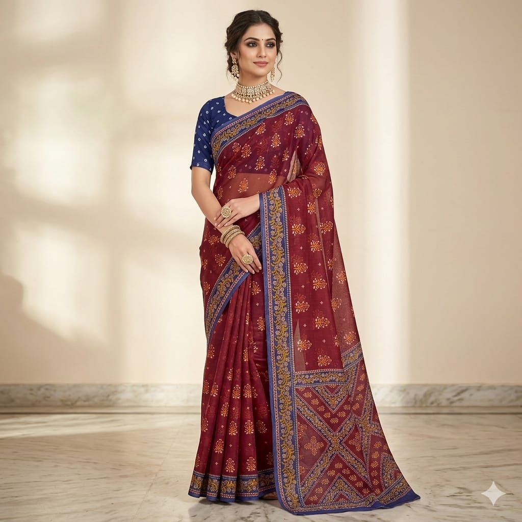 Maroon Bandhej Blue Pallu Cotton Saree