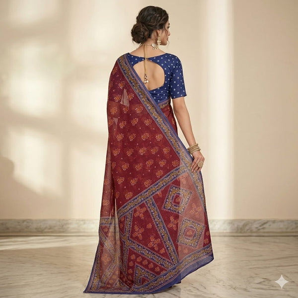 Maroon Bandhej Blue Pallu Cotton Saree