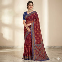 Maroon Bandhej Blue Pallu Cotton Saree