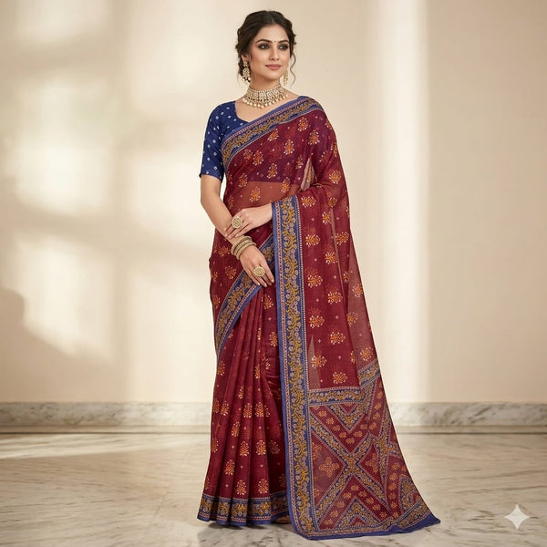 Maroon Bandhej Blue Pallu Cotton Saree