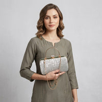 Silver Crystal Flower Clasp Clutch