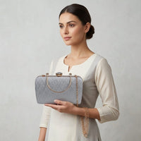 Silver Crystal Rhinestone Hard Box Clutch