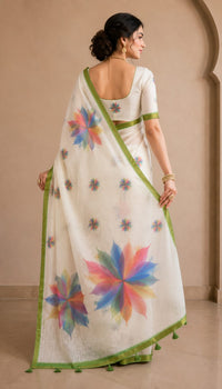 Linen Print Saree with Rainbow Leaf Motifs.