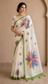 Linen Print Saree with Rainbow Leaf Motifs.
