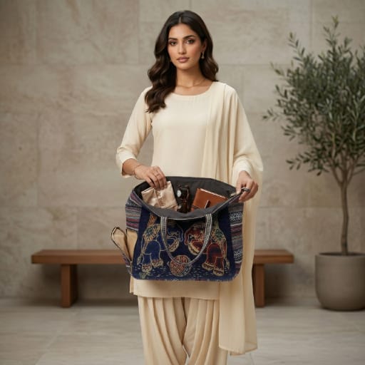 Embroidered Motif Tapestry Tote Bag