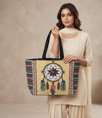 Embroidered Motif Tapestry Tote Bag