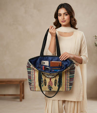 Embroidered Motif Tapestry Tote Bag
