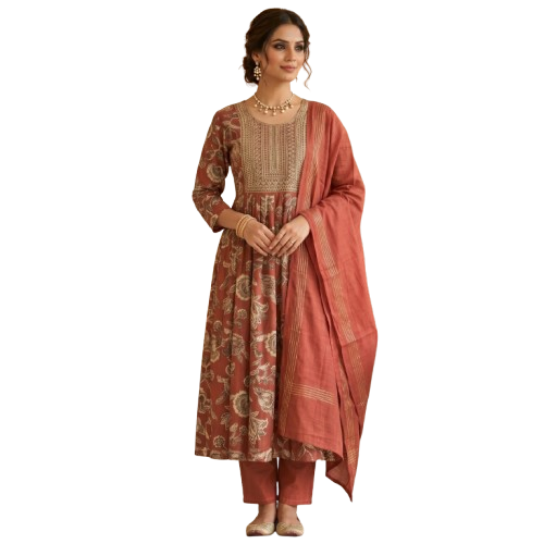 Rust  Kurta Pant Dupatta Set with Mirror Work