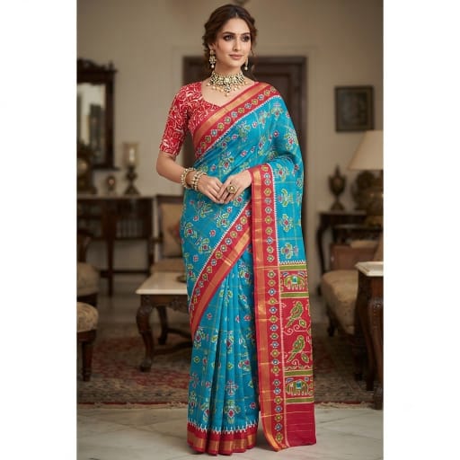 Linen Patola Ikat Saree with Purple Zari Border