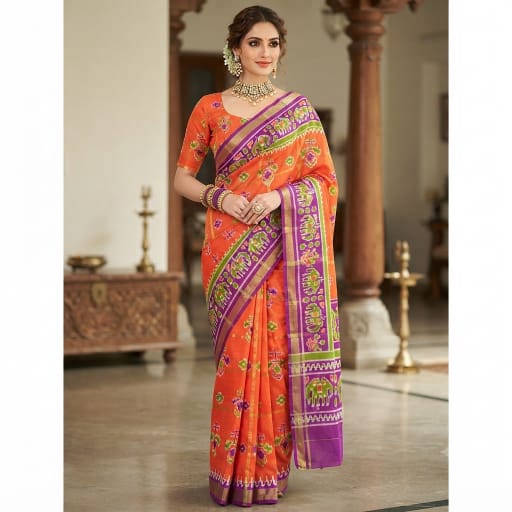 Linen Patola Ikat Saree with Purple Zari Border