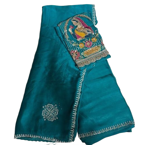 Indian Designer Festive Saree paired with an Applique style Handcrafted Blouse.