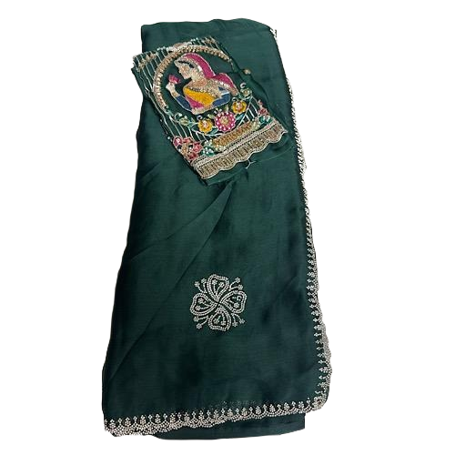Indian Designer Festive Saree paired with an Applique style Handcrafted Blouse.