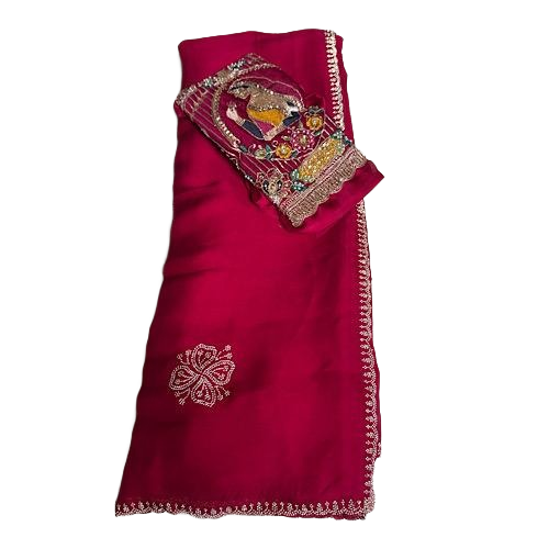 Indian Designer Festive Saree paired with an Applique style Handcrafted Blouse.