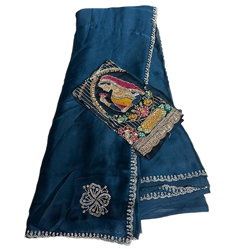Indian Designer Festive Saree paired with an Applique style Handcrafted Blouse.