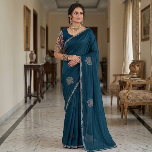 Indian Designer Festive Saree paired with an Applique style Handcrafted Blouse.
