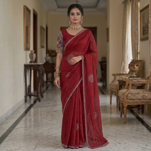 Indian Designer Festive Saree paired with an Applique style Handcrafted Blouse.