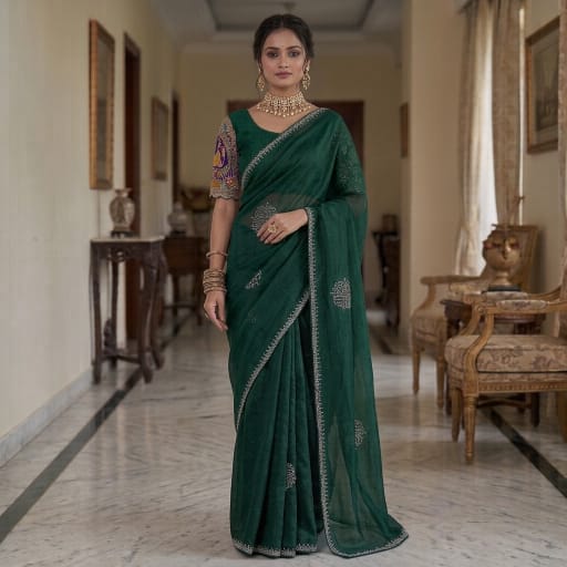 Indian Designer Festive Saree paired with an Applique style Handcrafted Blouse.