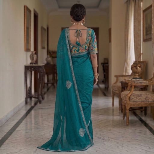 Indian Designer Festive Saree paired with an Applique style Handcrafted Blouse.