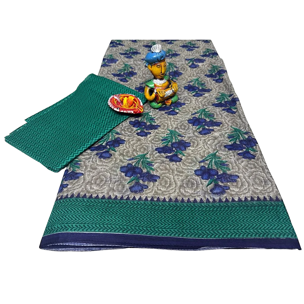 A Grayish - Begie Base Digitally Printed Floral Pattern Cotton Saree.