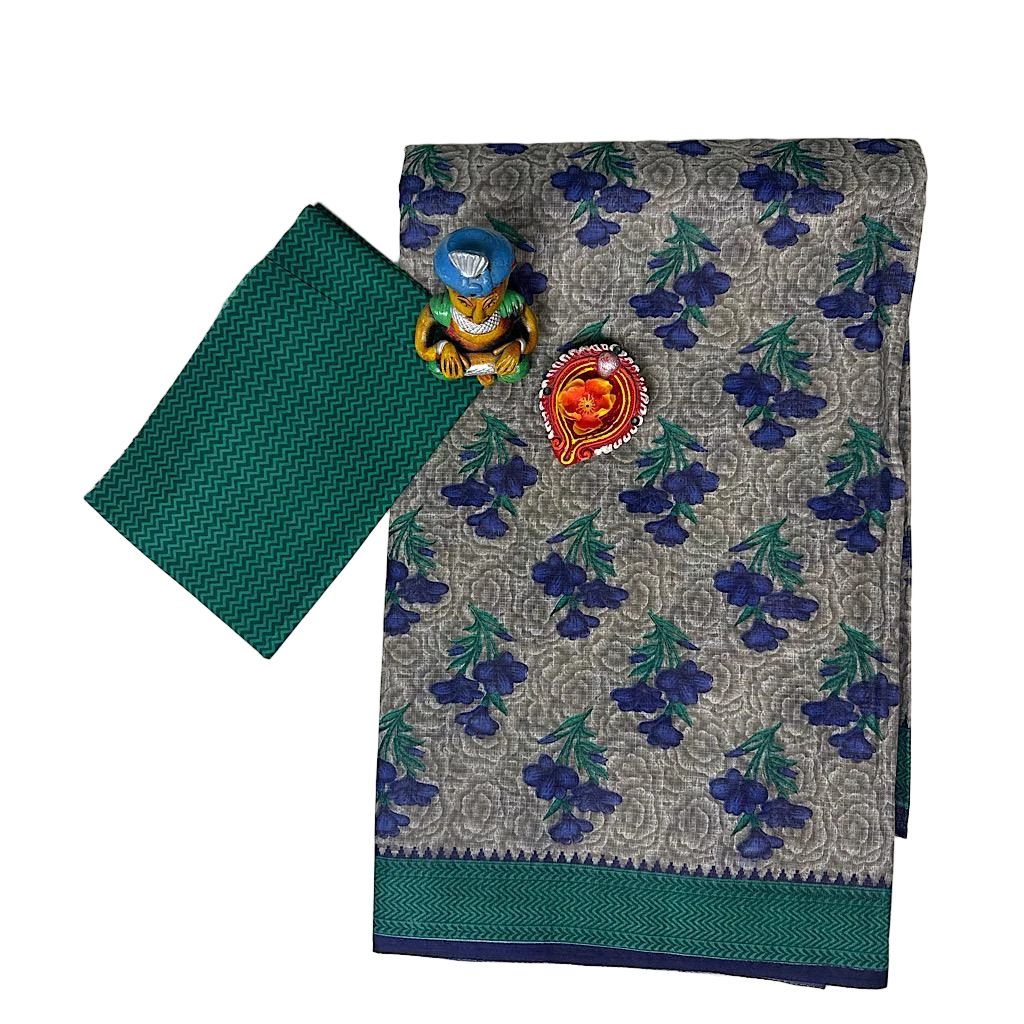 A Grayish - Begie Base Digitally Printed Floral Pattern Cotton Saree.