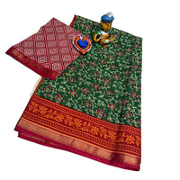 Green Bloossom Heritage Cotton Saree.