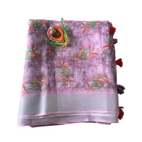 Purple Floral Digital Printed Linen Saree