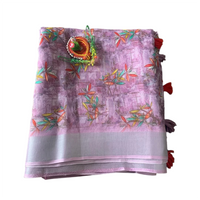 Purple Floral Digital Printed Linen Saree